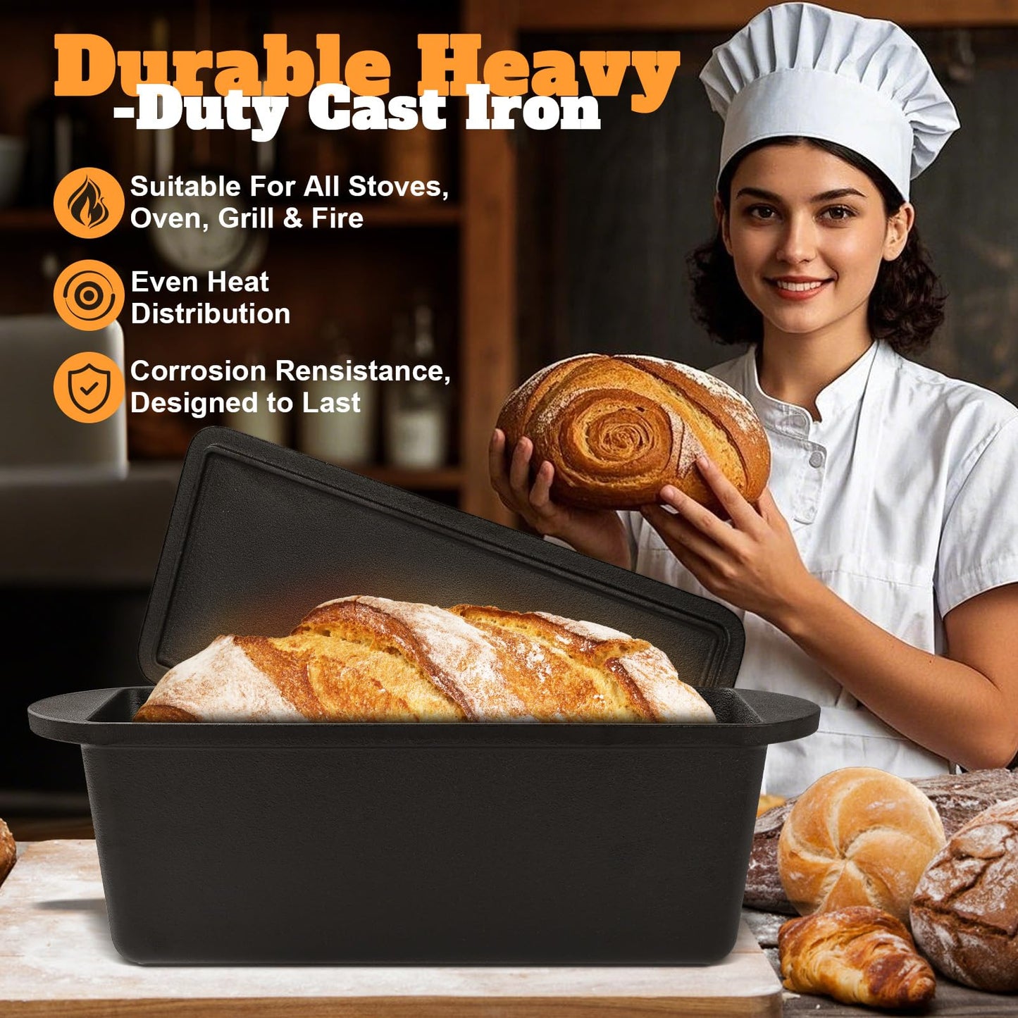 Rectangular Cast Iron Dutch Oven for Bread Baking, Cast Iron Sourdough Bread Pan with Lid Handles Lame, Even Heat Bread Baking Pan for Homemade Bread Cake Meatloaf, 3.2QT