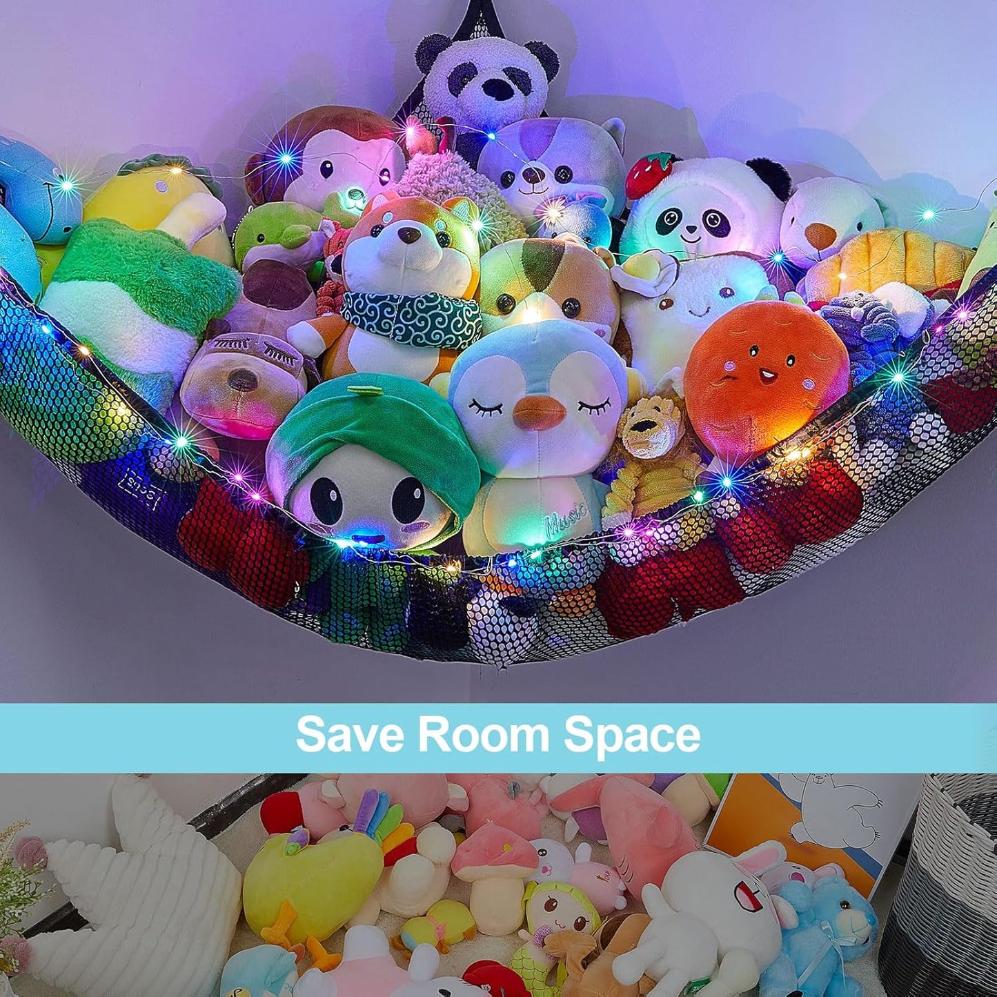Skiennix Unicorn Castle Stuffed Animal Storage Hammock - LED Light, Large Black Organizer for Kids' Room Decor