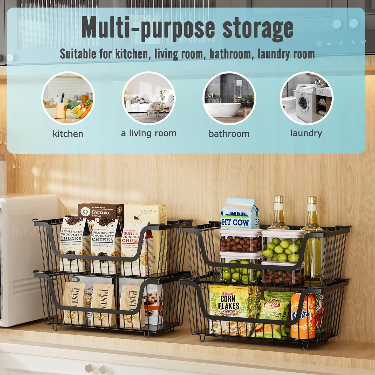Skiennix Stackable Wire Baskets - Versatile Kitchen Storage for Fruits & Vegetables | Black, Set of 4