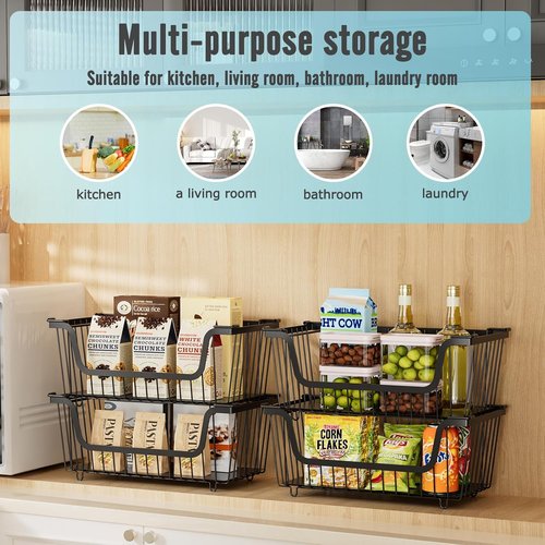GAOKASE Stackable Wire Baskets - Versatile Kitchen Storage for Fruits & Vegetables | Black, 4 Pcs
