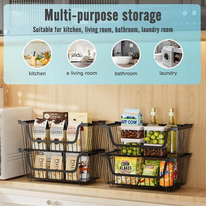 GAOKASE Stackable Wire Baskets - Versatile Kitchen Storage for Fruits & Vegetables | Black, 4 Pcs
