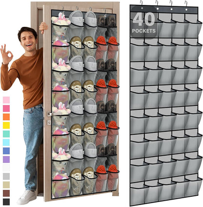 Windyun Over The Door Shoe Organizer - Large Capacity Gray Mesh Pocket Rack for Dorm, Closet & Entryway