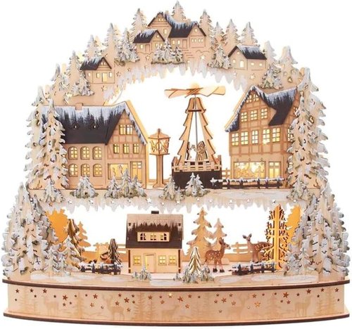 Kurt S. Adler 16-Inch Light-Up Wooden Village | Battery-Operated with Motion Feature