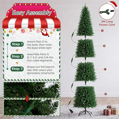 NEWBULIG 9 ft Pencil Christmas Tree - Green with Multicolor LED Lights, 1100 Tips, 8 Modes, Slim Pre-Lit