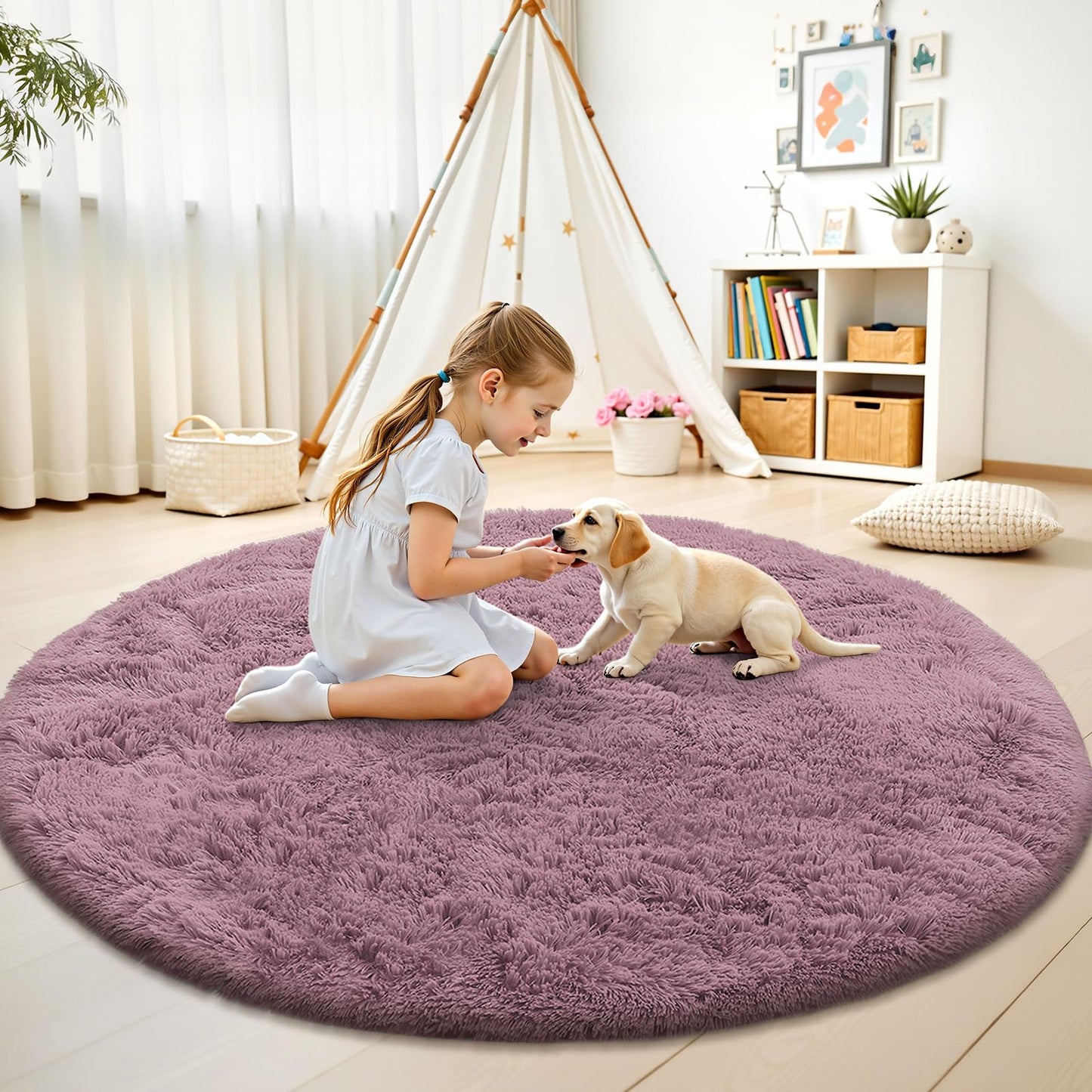 OLANLY Blush Round Rugs for Bedroom - Machine Washable, 8 ft Circle Area Rugs for Living Room, Soft and Fluffy Shaggy Carpet for Teen Girls and Boys, Nursery Rooms, Dorms, Home Decor Aesthetic