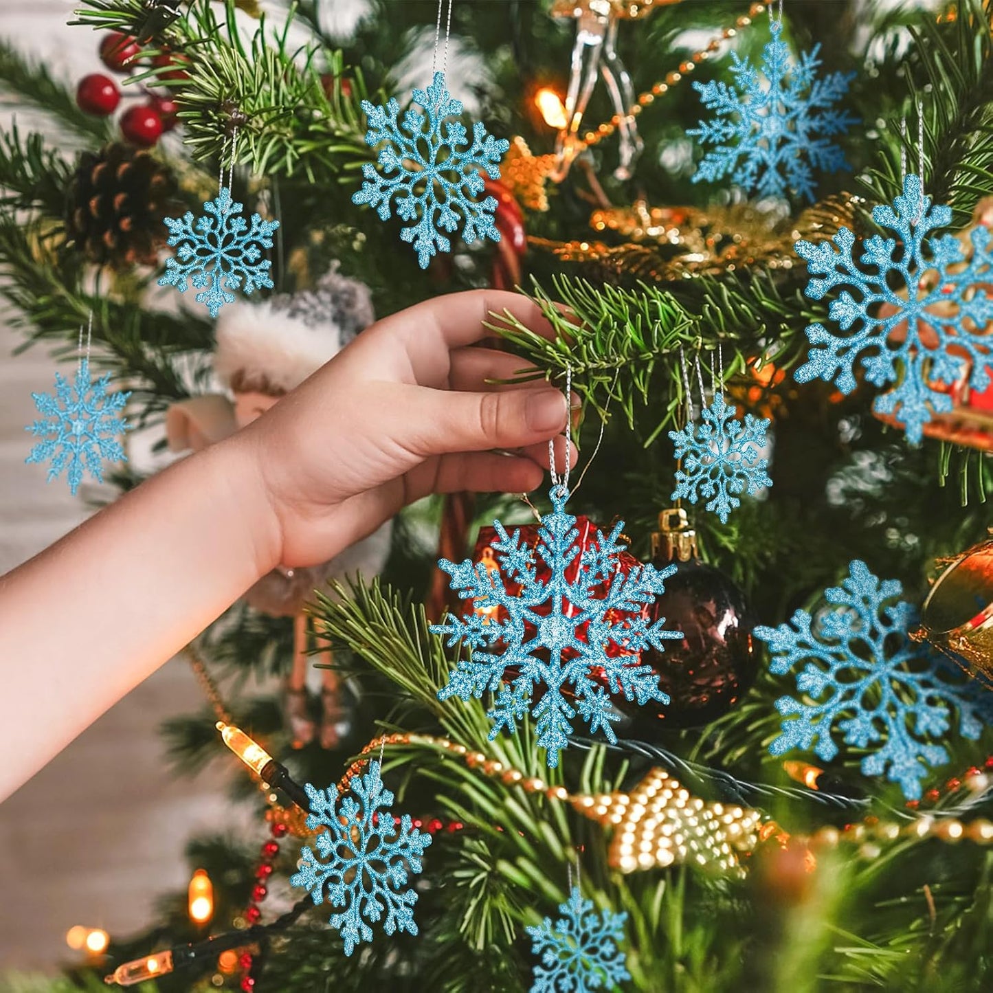 Skiennix 36-Pack Blue Snowflake Ornaments - Glittery Plastic Hanging Decorations for Winter Wonderland Trees