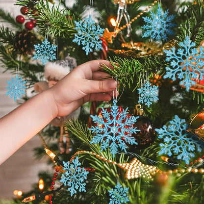 Skiennix 36-Pack Blue Snowflake Ornaments - Glittery Plastic Hanging Decorations for Winter Wonderland Trees