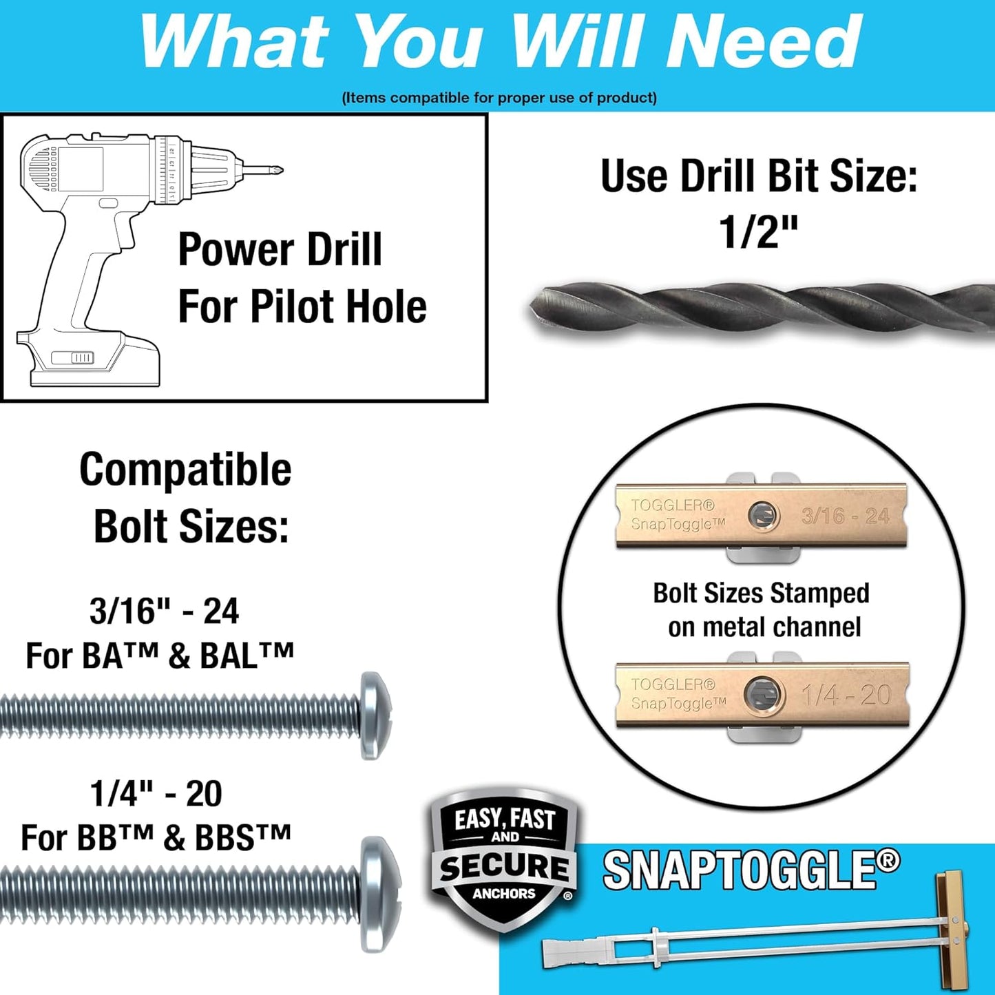 TOGGLER SnapToggle Drywall Anchors - Heavy-Duty 1/4-20 Fasteners, 265 lbs Capacity | 20 Pack