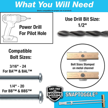 TOGGLER SnapToggle Drywall Anchors - Heavy-Duty 1/4-20 Fasteners, 265 lbs Capacity | 20 Pack