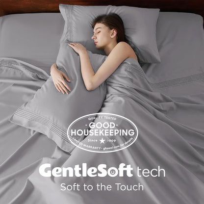 Bedsure Deep Pocket Queen Sheets Set - Fits Mattresses Up to 21 Inches Thick - 4 Piece GentleSoft Bed Sheets, Moisture Wicking, Soft & Cooling Bedsheet & Pillowcases, Easy & Secure Fit, Light Grey