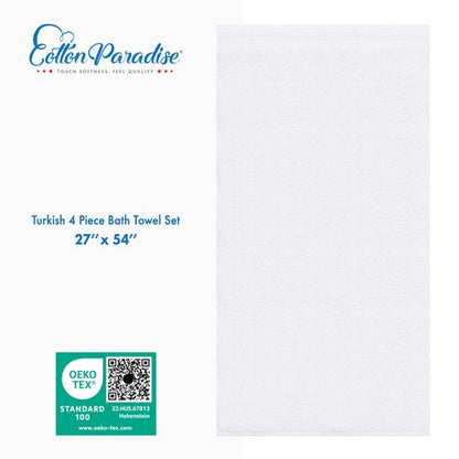 Cotton Paradise 4 Piece Turkish Bath Towels for Bathroom, Extra Large Soft Plush Towels Bathroom Set, White