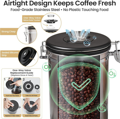 Veken Coffee Canister - 39oz Airtight Stainless Steel Storage for 2.2lbs Coffee, Sugar & Tea | Silver with Date Tracker & Scoop