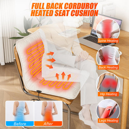 Suchtale Heated Seat Cushion USB Rechargeable Corduroy Heating Seat Cover with 3-Temperature Control & Timer Full Back Heating Pad Heated Chair Cushion with Fast-Heating for Office/Home Chair, White