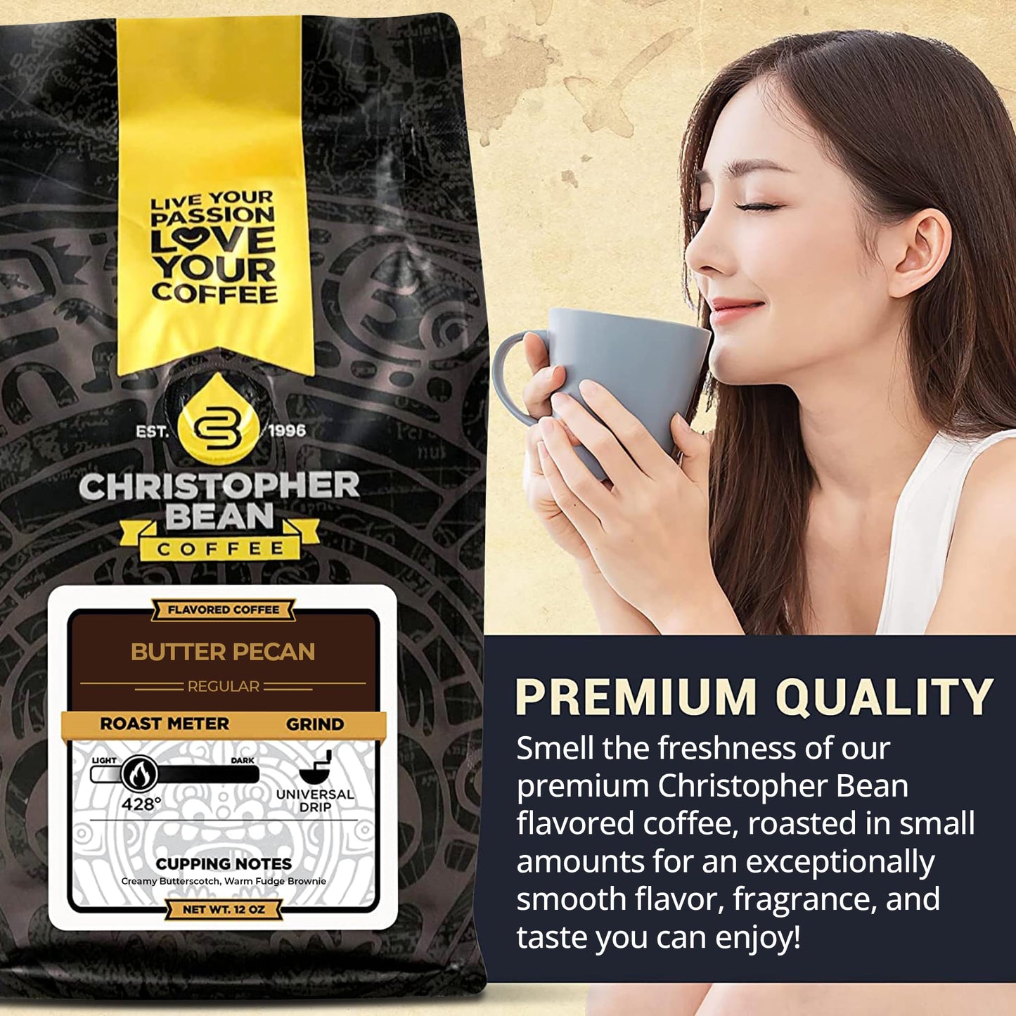 Christopher Bean Coffee - Butter Pecan Flavored Coffee, (Regular Ground) 100% Arabica, No Sugar, No Fats, Made with Non-GMO Flavorings, 12-Ounce Bag of Regular Ground Coffee