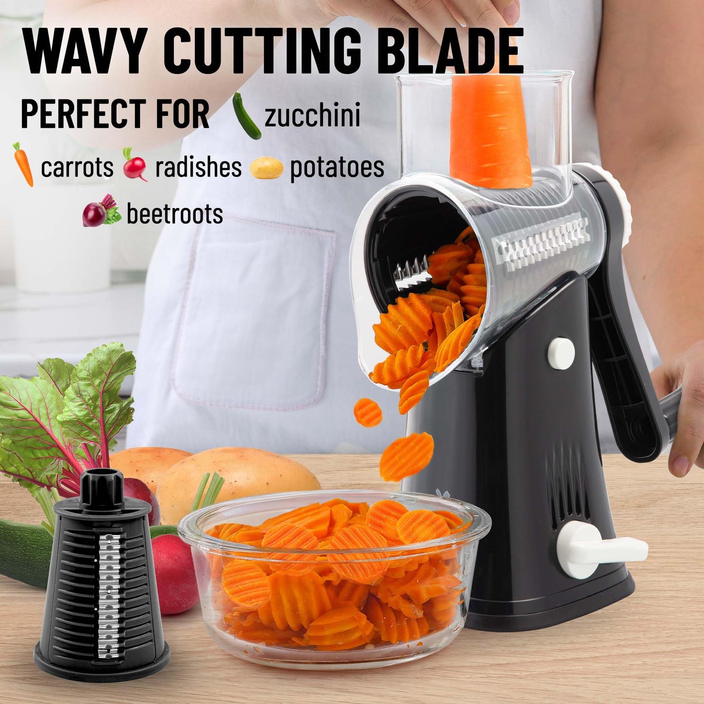 Zulay Kitchen Rotary Cheese Grater 5 Blade Cheese Shredder - Manual Hand Crank Cheese Grater With Reinforced Suction & 5 Interchangeable Drums - Easy to Use, Vegetable Chopper Round Mandoline Slicer
