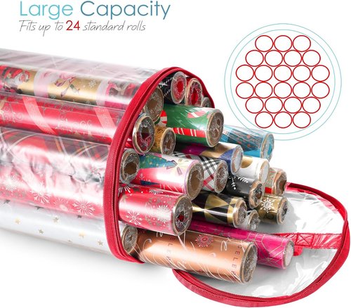 Hearth & Harbor Wrapping Paper Storage Container - Tear-Proof Organizer for 14 Rolls - Clear & Red Design