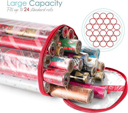 Hearth & Harbor Wrapping Paper Storage Container - Tear-Proof Organizer for 14 Rolls - Clear & Red Design