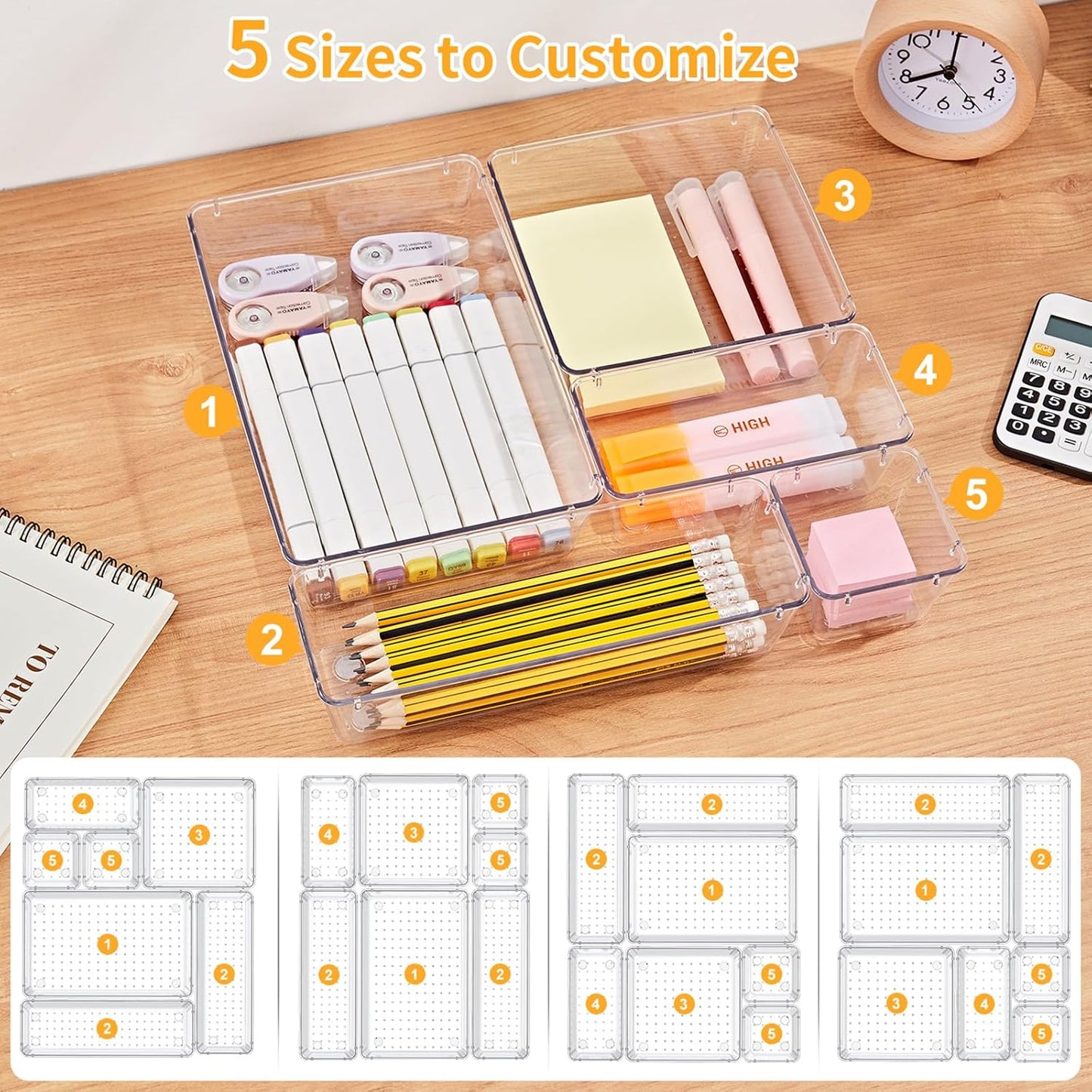 SMARTAKE 13-Piece Drawer Organizers - Non-Slip Silicone Pads for Makeup, Jewelry & Utensils | Clear Storage Trays
