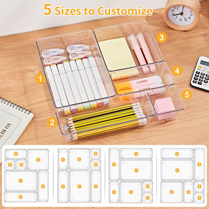 SMARTAKE 13-Piece Drawer Organizers - Non-Slip Silicone Pads for Makeup, Jewelry & Utensils | Clear Storage Trays