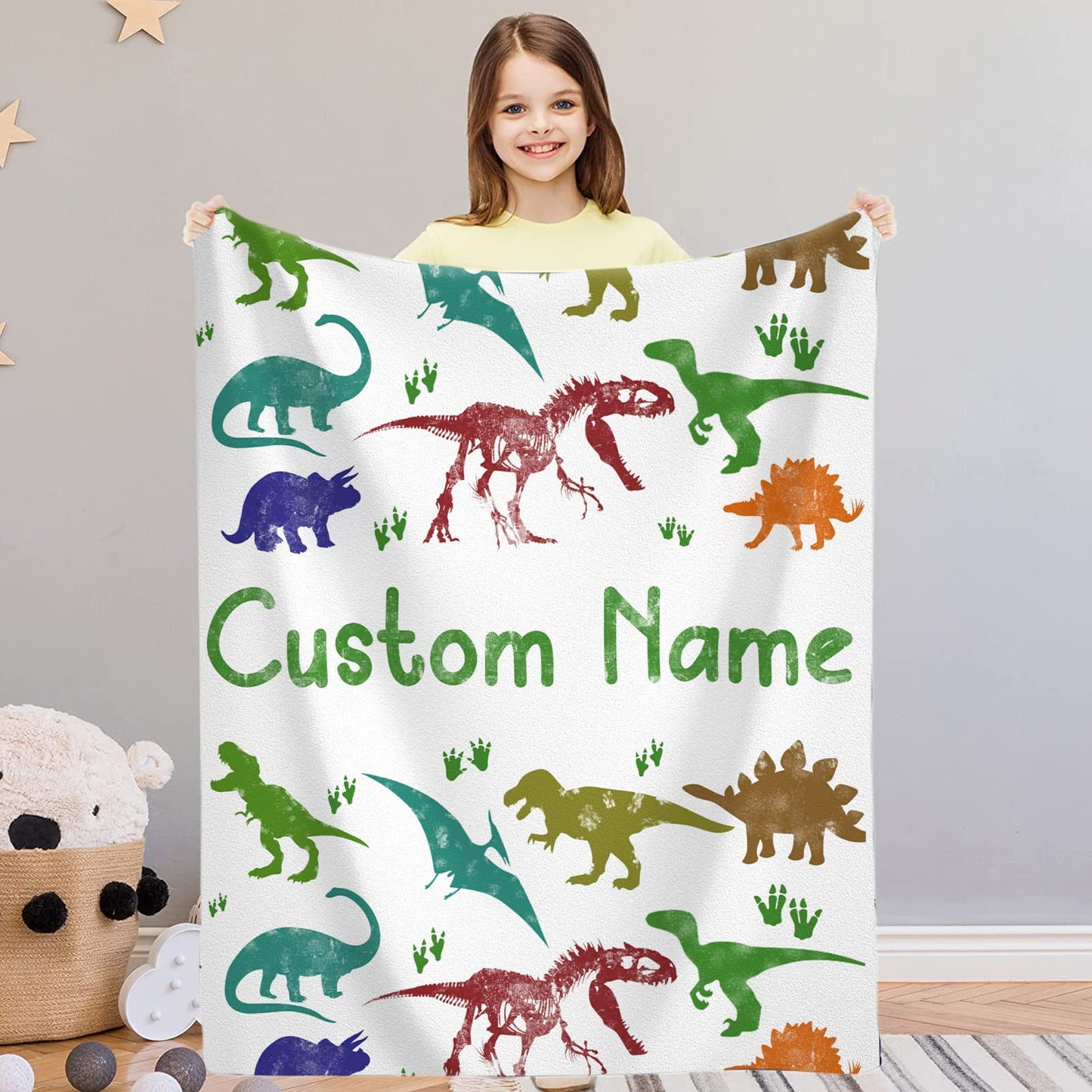 Dinosaur Blanket with Name for Boys, Custom Dinosaur Blanket, Personalized Jurassic Dinosaur Throw Blanket for Toddler, Flannel Customized Dino Swadding Blanket for Birthday, Baby Shower 40x30 Inch