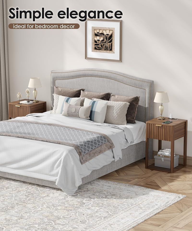 Nightstand Set 2 with Charging Station - Walnut Fluted Bedside Tables