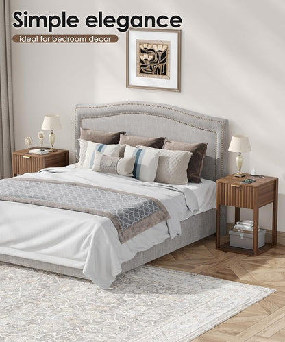 Nightstand Set 2 with Charging Station - Walnut Fluted Bedside Tables