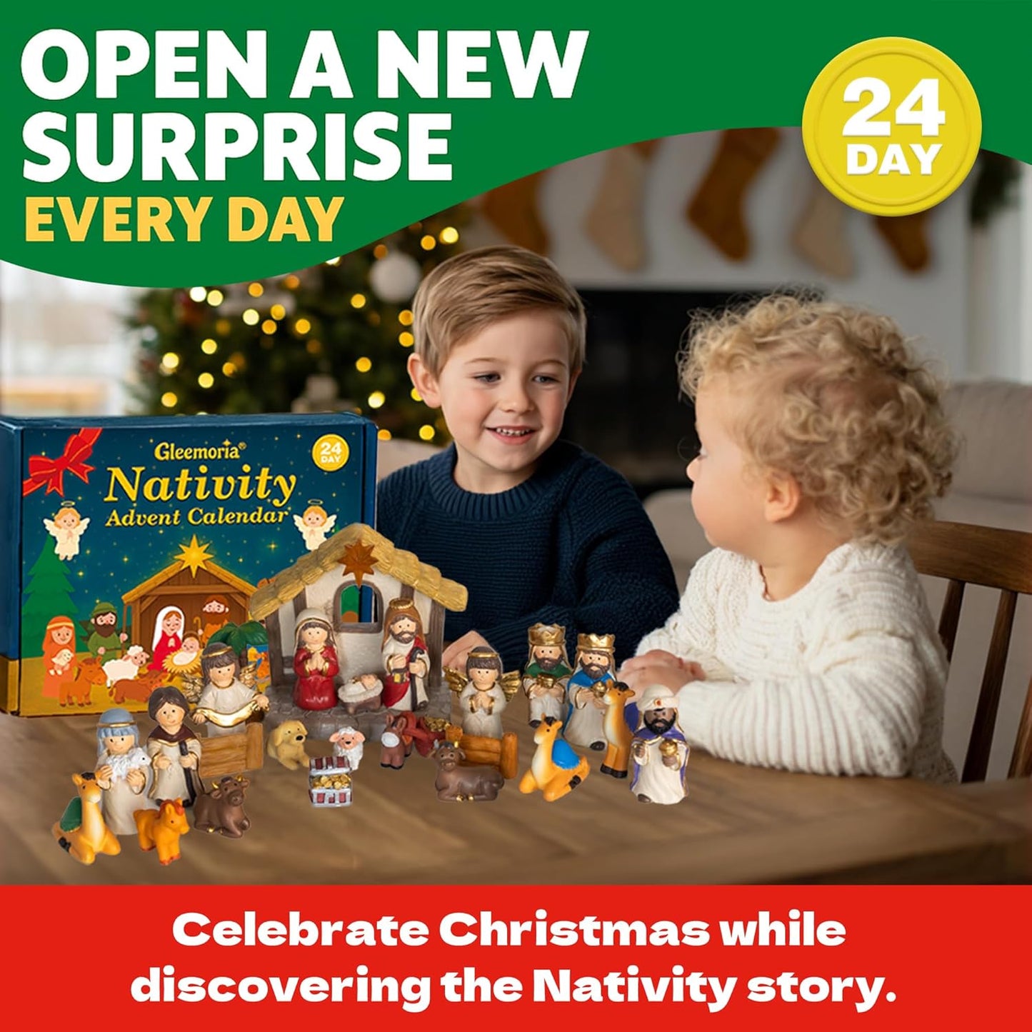 Nativity Advent Calendar 2025 - Light-Up 24-Day Nativity Scene Set with Resin Figures for Kids