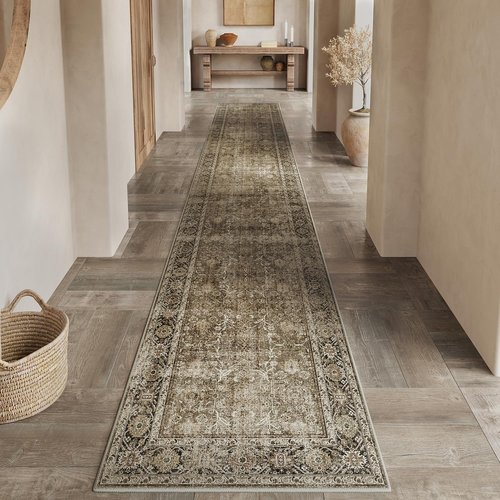 PureCozy Brown Runner Rug 2x6 Vintage Area Carpet Hallway Long Indoor Kitchen Washable Living Room Low Pile Traditional Distressed Retro Accent Throw Rug Non Slip Laundry Bathroom Office Dining Room