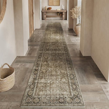 PureCozy Brown Runner Rug 2x6 Vintage Area Carpet Hallway Long Indoor Kitchen Washable Living Room Low Pile Traditional Distressed Retro Accent Throw Rug Non Slip Laundry Bathroom Office Dining Room