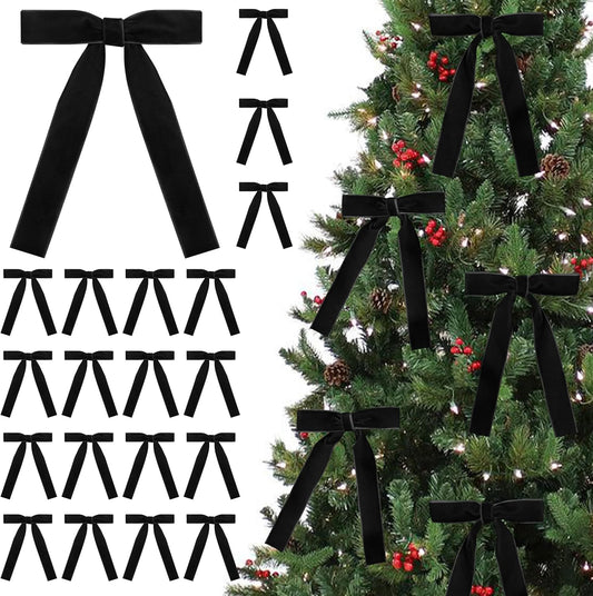 SIMISI Black Velvet Ribbon Bows - 24 Pcs Vintage Christmas Tree Ornaments for Rustic Decor