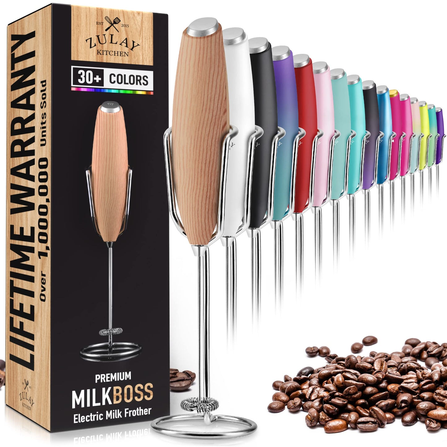 PRO MILK FROTHER WAND - ULTRA HIGH SPEED HANDHELD FROTHER - UPGRADED STAND - Powerful Handheld Mixer with Infinite Uses - Super Instant Electric Foam Maker with Stainless Steel Whisk (Maple)