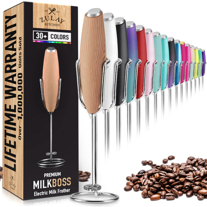 PRO MILK FROTHER WAND - ULTRA HIGH SPEED HANDHELD FROTHER - UPGRADED STAND - Powerful Handheld Mixer with Infinite Uses - Super Instant Electric Foam Maker with Stainless Steel Whisk (Maple)