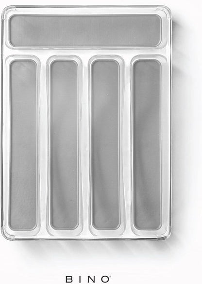 BINO 5-Slot Silverware Organizer - Durable Plastic Utensil Tray with Grip Lining | Light Grey