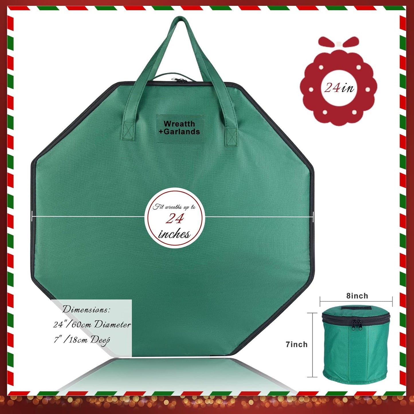 BrilliantJo Wreath Storage Bag - Hard Shell Christmas Decoration Case with Pockets | 24-Inch Green 600D Oxford Fabric