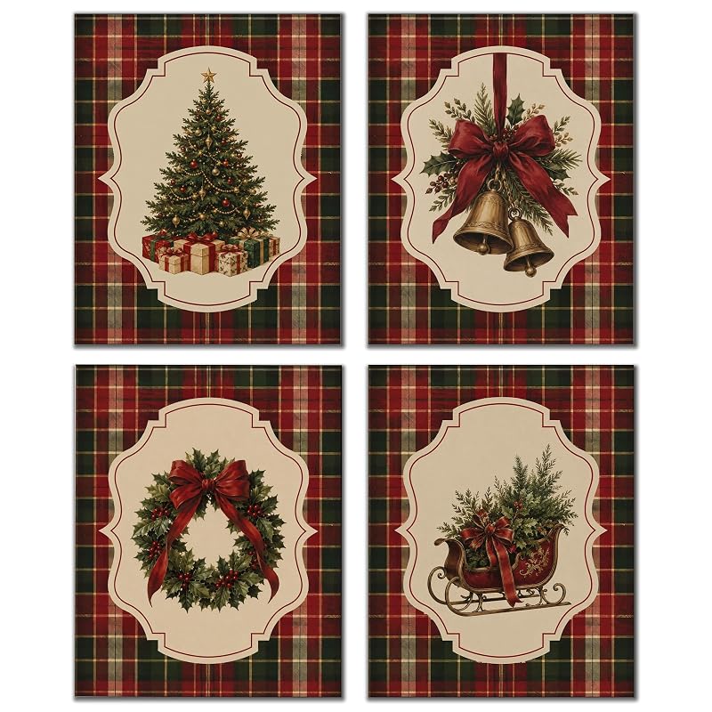 DOFQZ Red and Green Tartan Christmas Wall Art Prints 8x10 Set of 4 — 17Child+8x10