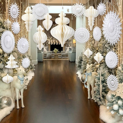 Snowflake and Honeycomb Christmas Decor Kit – 28 Pcs White Winter Wonderland