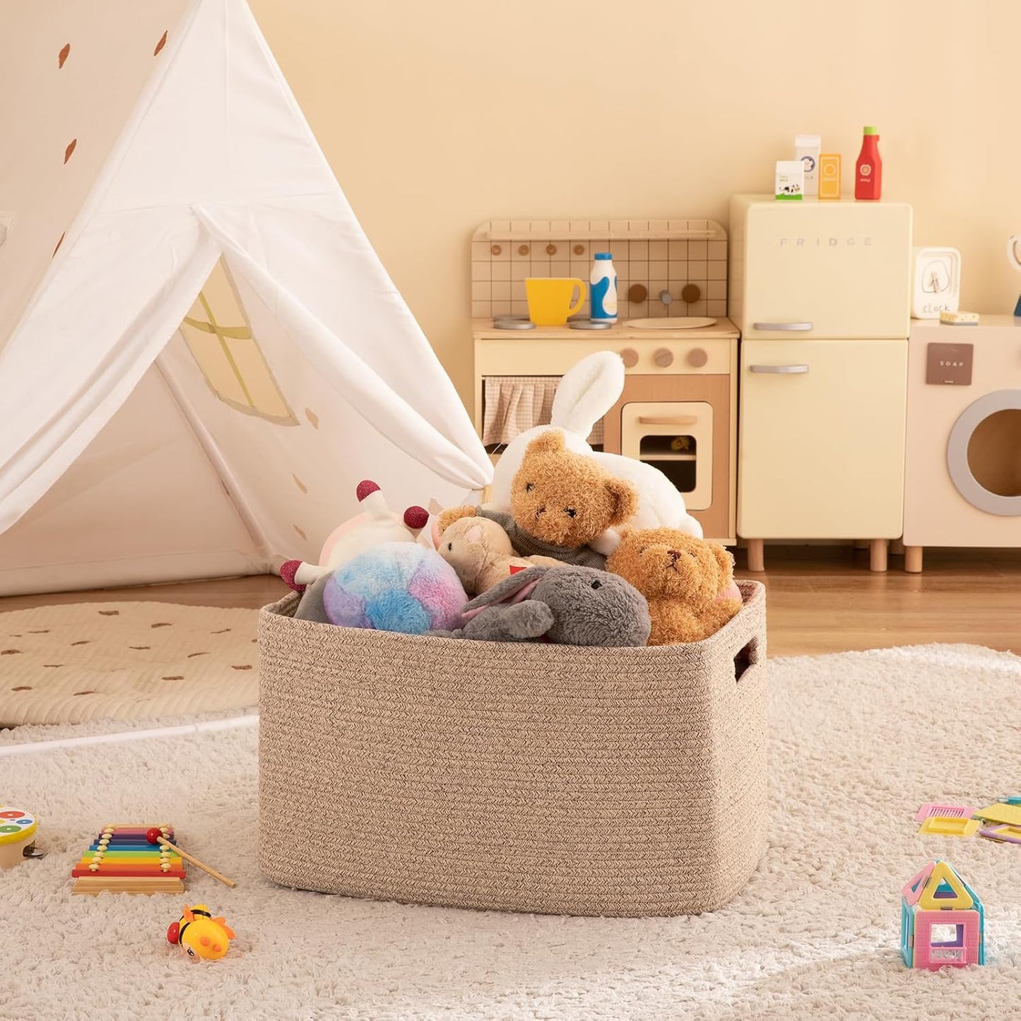 OIAHOMY 75L Large Woven Cotton Rope Storage Basket - Stylish Organizer for Blankets & Toys | Brown Variegated 22”x17”x12”