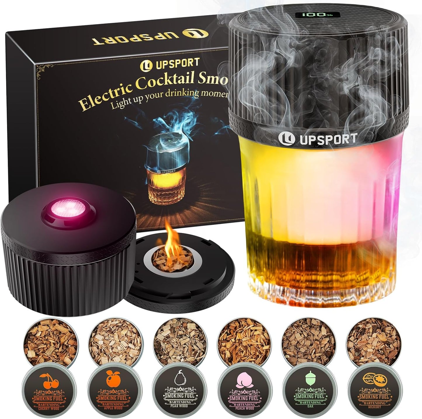 Old Fashioned | Automatic Electric Whiskey Smoker Kit - Rechargeable Infuser with 4 Light Modes & 6 Wood Chips