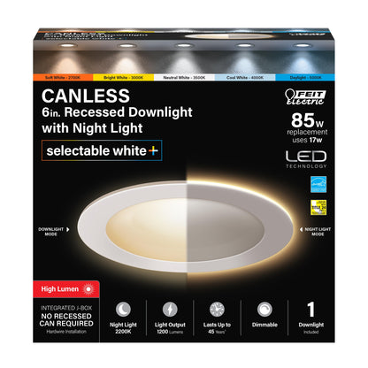 Feit Electric 6" LED Canless Recessed Downlight with Night Light Mode and Integrated J-Box, 85W EQ, Dimmable, 5CCT Selectable White, 90 CRI, 1200 Lumens, 45 Year Lifetime, 4 Pack, LEDR6XT/HO/NL5CCTCA4