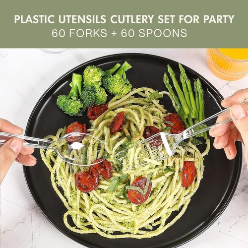 Clear Plastic Silverware Set, 120 Count Spoons and Forks, Perfect for Parties, Holiday Gatherings, Picnics, and Stocking the Pantry