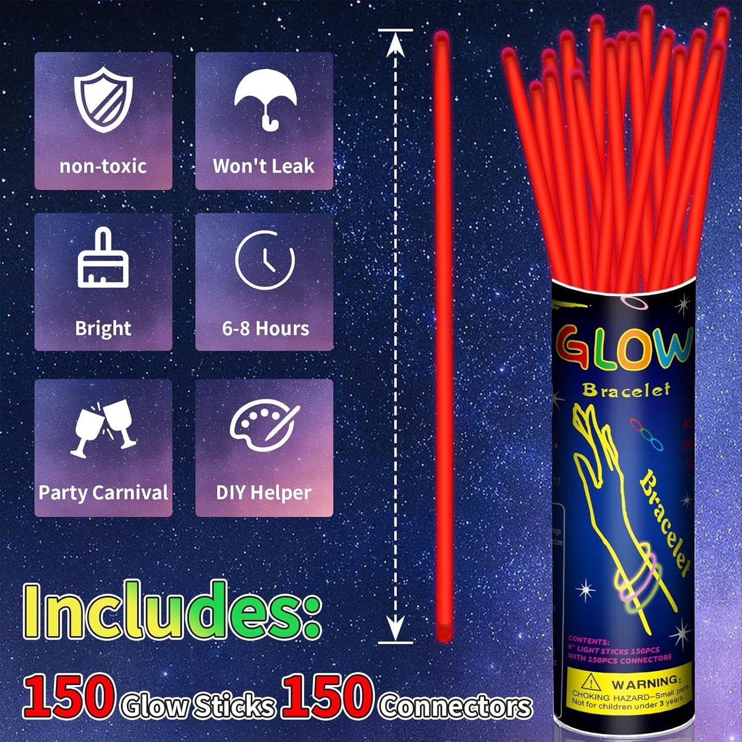 Skiennix 150 Pack Red Glow Sticks - Neon Glow In The Dark Party Favors for Birthdays & Holidays