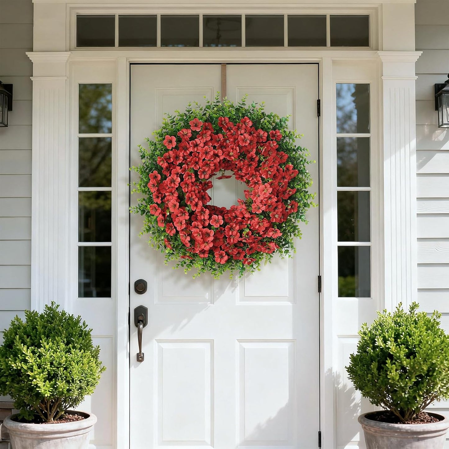 Skiennix 26" Large Artificial Eucalyptus Wreath - Realistic Faux Silk Morning Glory Flowers for Home & Wedding Decor (Red)