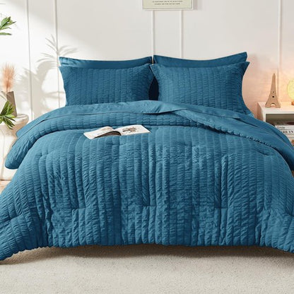 HYMOKEGE Teal King Size Comforter Set Seersucker 7 Pieces, All Season Luxury Bed in a Bag for Bedroom, Bedding Set with Comforters, Sheets, Pillowcases & Shams