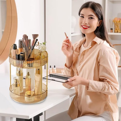 Aveniee 360 Rotating Makeup Organizer - Upgraded Two-Tier Vanity Storage for Perfume & Skincare - Gold