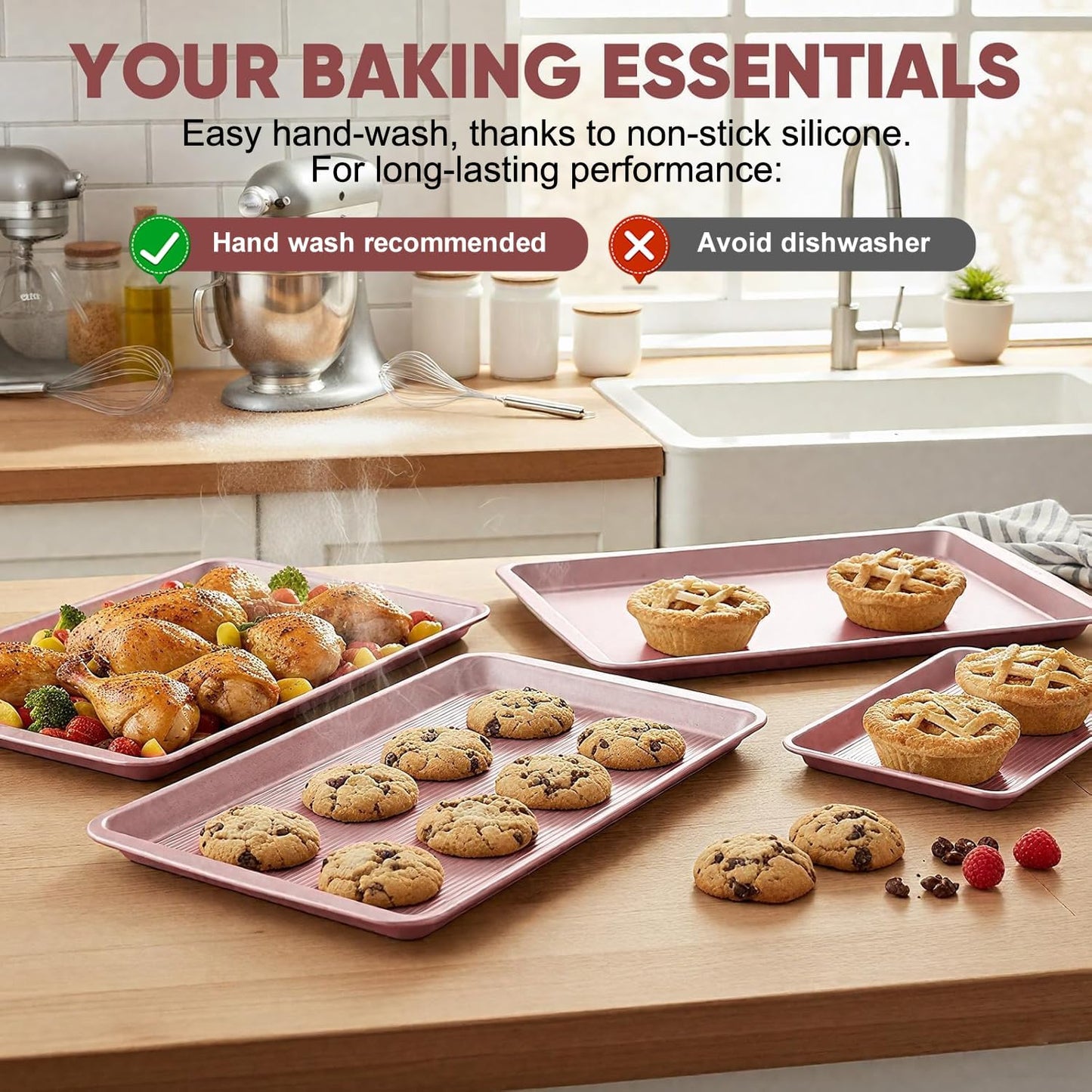 Sakerplus Nonstick Baking Sheet Pan Set - Heavy Duty Cookie Sheets, Rust-Resistant & Easy Clean | 3 Sizes in Pink