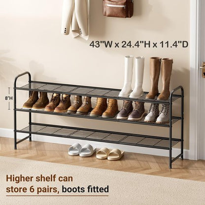 KEETDY 3-Tier Long Shoe Rack - Sturdy Metal Organizer for Entryway | Stackable Black Storage Shelf