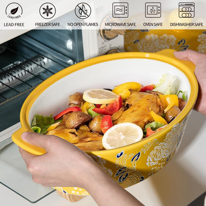 Skiennix Ceramic Casserole Dish With Lid - Versatile Oval Baking Pan for Lasagna & Bread - Yellow
