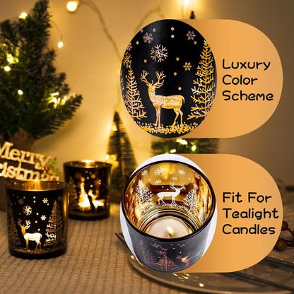 Skiennix Votive Candle Holders - Black & Gold Glass Tealight Set of 3 | Christmas Elk & Snowflake Design