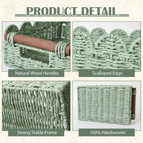 Handwoven Wicker Basket Set of 2 - Small Scalloped Toilet Paper Storage with Handles | Green
