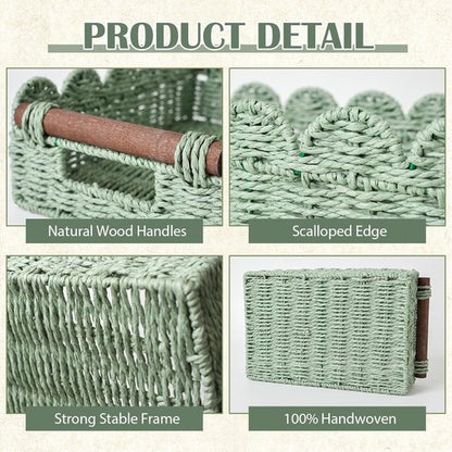 Handwoven Wicker Basket Set of 2 - Small Scalloped Toilet Paper Storage with Handles | Green